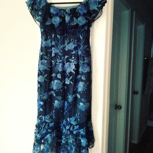 Aidan Mattox High-Low dress, size 4, Blue flowers with black lace trim.